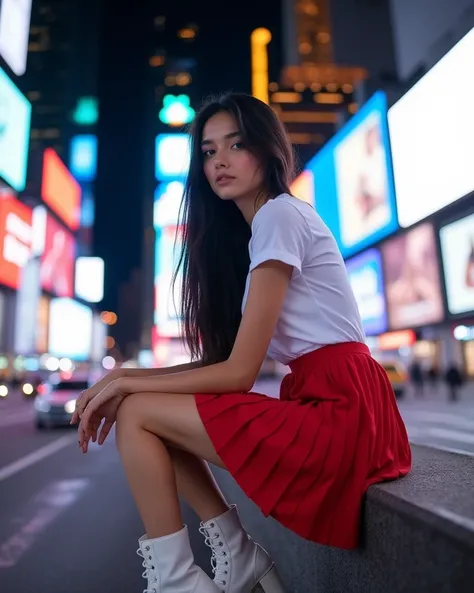 A low-angle perspective photo of a young gorgeous woman, blue eyes, long straight raven black hair, posing at Times Square, in New York, at night. She is wearing a red pleated mini skirt and a white t-shirt, white lace-up boots. The scene is illuminated by...