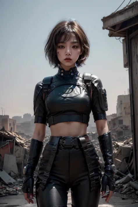 UHD 8K High Detail Photo This is a high-resolution photo showing an Asian woman. She has fair skin and a slim figure. She has short blond hair. Her outfit consists of a tight, translucent black crop top with a white rabbit head graphic on the chest, a comb...