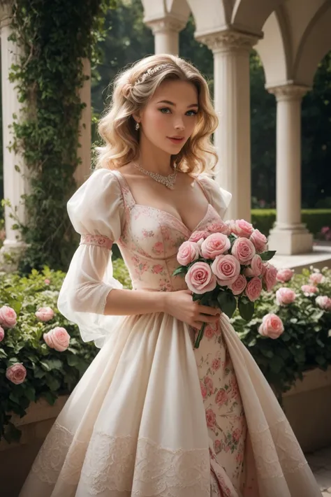 A woman standing in an elegant and well-kept garden, with green bushes and many pink roses around. In the background, there is a building with classical architecture, including white columns and ornate details, with a clear sky visible. The woman is wearin...