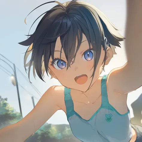 1girl, little female, tomboy, flat chest, sweat, shorts, beautiful detailed eyes,open mouth, outdoors,wind, game CG, break,(artist:akinashi_yuu),artist:fujiyama,artist:artist:yuugen,break,(masterpiece), (best quality), (ultra-detailed),(Detailed Lighting),...