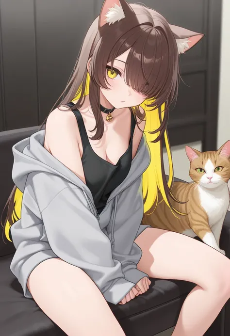 masterpiece,1girl, colored inner hair Brown hair Yellow hair, cat_ears, gray oversized hoodie,  inner tank top , Hair on one eye, Long hair tips, ミコッテ