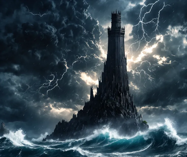 Black tower theme, a dark tower flying over the sea wrapped in a storm cloud, ((ultra quality)), anime enhancement, ((8k resolution, masterpiece, best quality)), ultra detailed, ultra sharp, perfect colors, perfectly shaded, perfect lighting