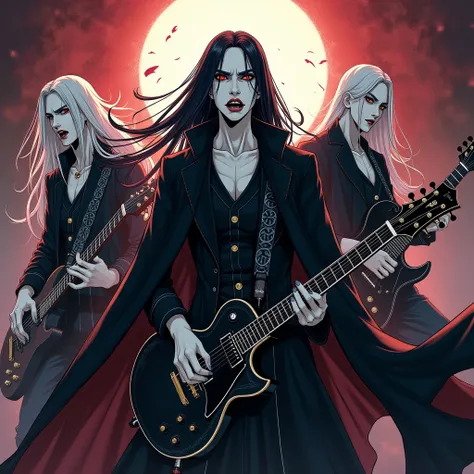 Metal band playing live ,  all members are vampires. metalcore, anime, final fantasy style, horror, epic, brutal, anime manga, Sumi-e and Ukiyo-e style