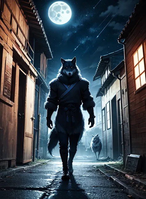 Blue Samurai, Ghost,  walking through a haunted village with wolves, Night Sky,  Full Moon ,  realistic , Full HD,  top quality