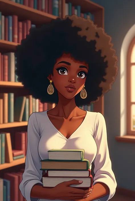 Black woman, afro hair, wearing white top ,  wearing golden earrings , holding some books in his arms,  inside a library ,  anime style