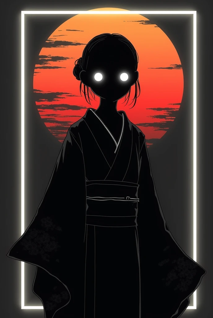 black silhouette art ,  contrast black and white and gray,  kimono neon white borders , silver eyes,  dark light background gradient sunset 