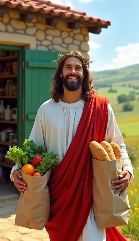 A ultra realistic, cheerful and detailed portrayal of Jesus Christ in a modern and uplifting scene. He is depicted with long wavy hair, a full beard, and a crown of thorns on His head, smiling warmly. He wears a traditional white robe with a vibrant red sa...