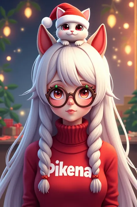 Personagem faminino game Free Fire,  with white hair with a kitten on the head with a Christmas hat , Christmas glasses  , red turtleneck shirt written “pikena” , with the Christmas background  