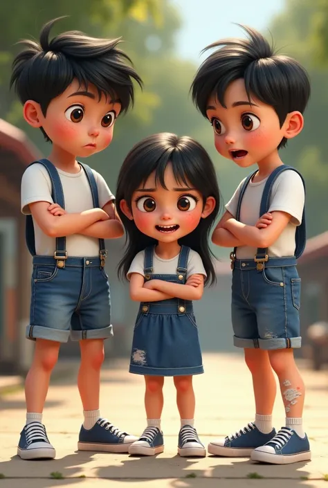 3 triplets of  , One angry ,  the other shy and the other happy .2 boys and a girl.  The two boys who have blue denim shorts and a white short sleeve shirt .  The girl has a blue denim skirt and a white shirt with short sleeves .  the ren have denim straps...