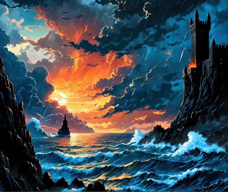 Black tower theme, a dark tower (flying over the sea) wrapped in a storm cloud, ((ultra quality)), anime enhancement, ((8k resolution, masterpiece, best quality)), ultra detailed, ultra sharp, perfect colors, perfectly shaded, perfect lighting