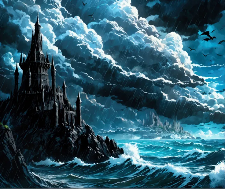 Black tower theme, a dark tower (flying over the sea) wrapped in a storm cloud, ((ultra quality)), anime enhancement, ((8k resolution, masterpiece, best quality)), ultra detailed, ultra sharp, perfect colors, perfectly shaded, perfect lighting