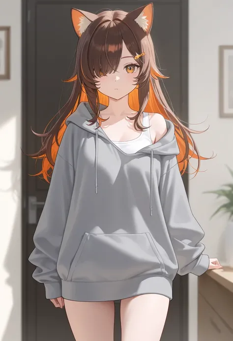 masterpiece,1girl, colored inner hair Brown hair ORANGE hair, cat_ears, gray oversized hoodie,  inner tank top , Hair on one eye, Long hair tips, 