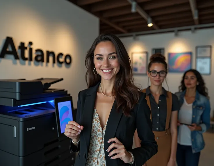 Hyper-realistic portrait of a 27-year-old female tech influencer with a playful geek aesthetic. Mexican company reception with special lighting for a professional company with a sturdy black photocopier with LED lights that make them look very elegant on e...