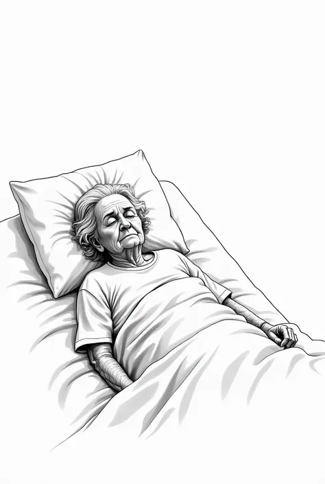 Create a minimalist black and white drawing depicting the palliative care of an elderly woman  