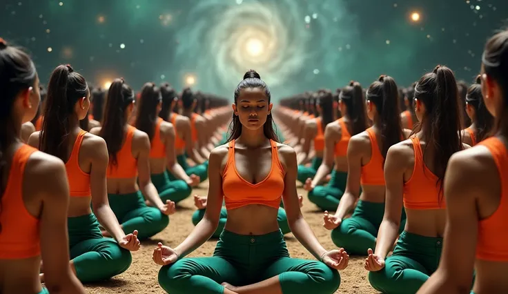 orange sport bra, green trousers six pack Indian women 1000000000000000000000000000 clones, sitting, meditation, in the space of universe