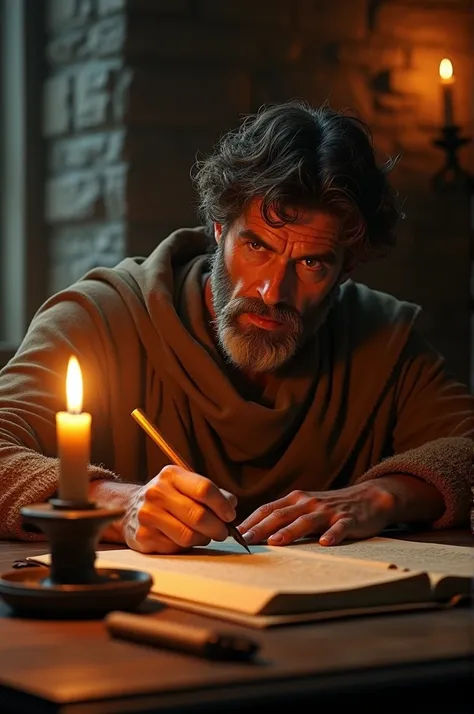 Marco Aurelio, writing in his journal by candlelight, Roman era, wearing a worn philosopher’s cloak, sitting at a wooden desk covered in scrolls and ink pots, the warm glow of an oil lamp illuminating the stone walls, intimate close-up shot, hyper-realisti...