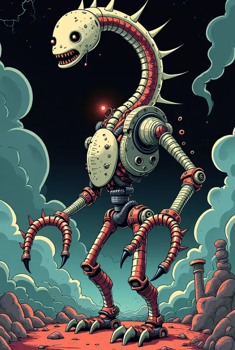 horror mechanical long spine in cartoon style with outlines