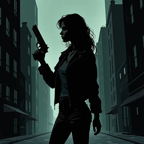 Comic book style art, a minimalist silhouette of a young woman in a metropolis, in the classic noir style. She is holding a pistol with a firm and determined posture. The setting is a dark city, with deserted streets and tall buildings. The environment con...