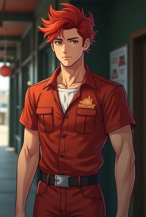 Now I need a guy who has a red hair color, brown eyes, white skin, who is an alpha-dominant bone enigma type and has the uniform of a pizza delivery guy who is the one above who looks handsome. 