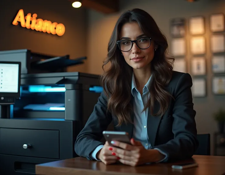 Hyper-realistic portrait of a 27-year-old female tech influencer with a playful geek aesthetic behind of company reception with special lighting for a professional company with a sturdy black photocopier with LED lights that make them look very elegant on ...