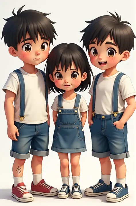 3 triplets of  , of the same height,
, 2 boys and a girl. 
 The two boys who have blue denim shorts and a white short sleeve shirt . 
 The girl has a blue denim skirt and a white shirt with short sleeves . 
A barons who has denim straps on his shorts and w...