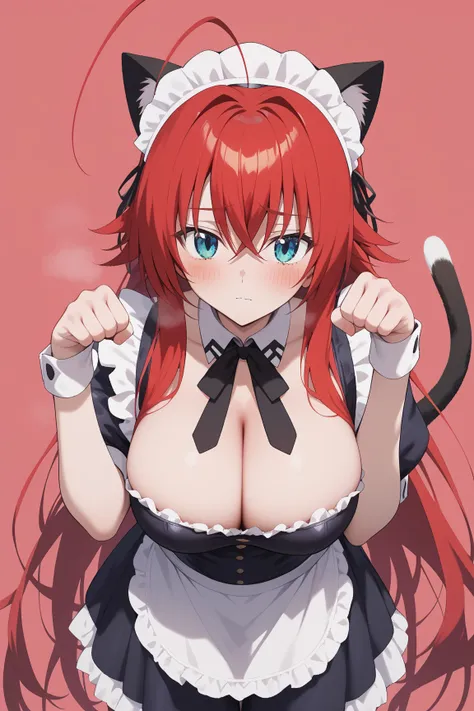 Rias Gremory,megami magazine,long hair,red hair,hair between eyes,bangs,ahoge,blue eyes,(bigger than large breasts:1.2),
((maid,cleavage,maid headdress,fake cat ears,cat tails)),
1girl,(is embarrassing,big blush,closed mouth,steam:1.0),
((leaning forward,p...