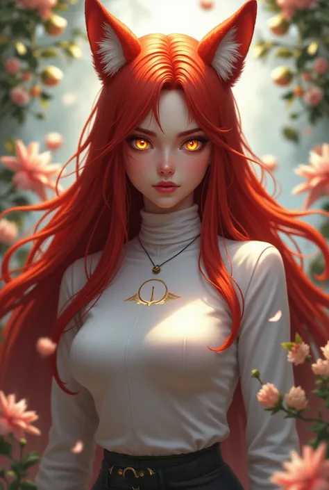  Game Free Fire style female character with long red hair with fox ears with "white eyes" WITH A shirt "white" With turtlenecks and full magic and half written  "lua" And a flowery background 