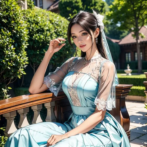 Genius beautiful young lady, confident and proud character, wearing an elegant noble dress,beautiful golden or silver long hair, big eyes and a sweet smile, dressed in luxurious skirts, bows, and lace decorations, background featuring a luxurious mansion o...