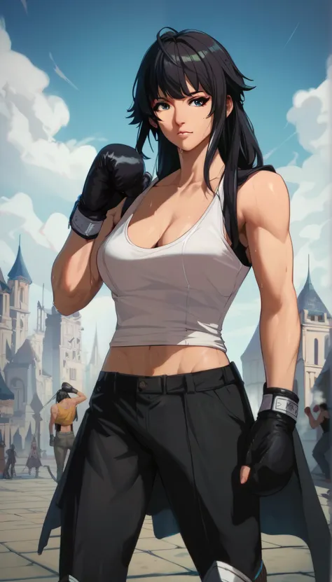 black hair,masterpiece,best quality,highres,ultra-detailed,aashizue,long hair,cargo pants,(tank top:1.2), boxing gloves,cleavage,toned, sweating, (sleeveless:1.4),cowboy shot,