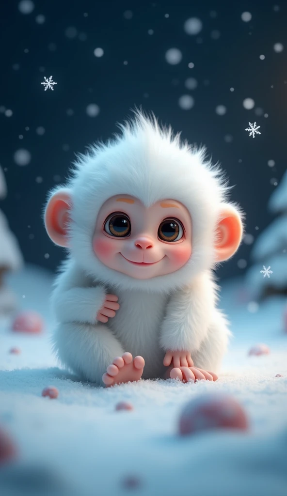 night　snow　Three-dimensional　Cute fluffy white baby monkey　Slightly pink cheeks 