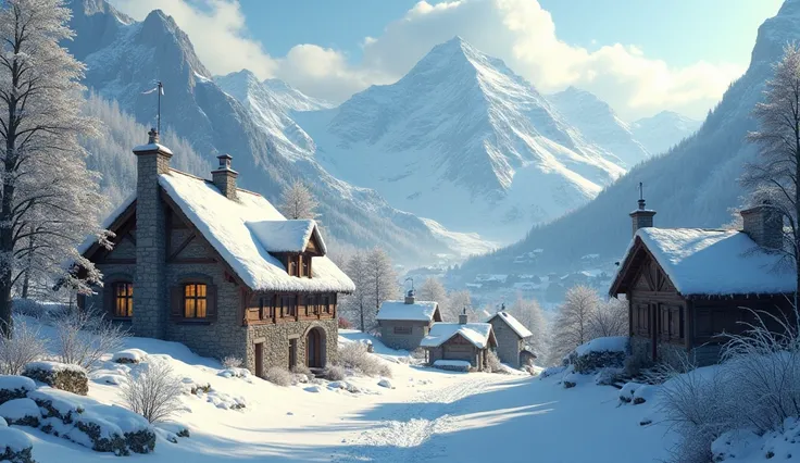 Make a surreal image of a rustic stone house village in Switzerland in the middle of a valley with surrounding houses and mountains all with snow