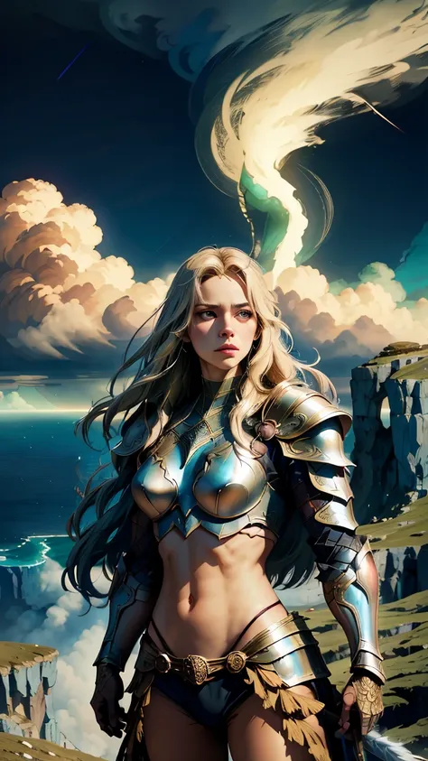 a beautiful female knight in armor, with long flowing hair, standing heroically on a cliffside overlooking the mythical realm of Asgard, epic fantasy landscape, highly detailed, 8k, masterpiece, ultra-detailed, hyper-realistic, cinematic lighting, dramatic...