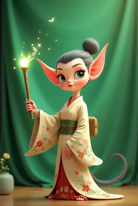  A pointy-eared elf wearing a Japanese kimono, Holding a magic wand ,Disney cartoon style background is green cloth  
