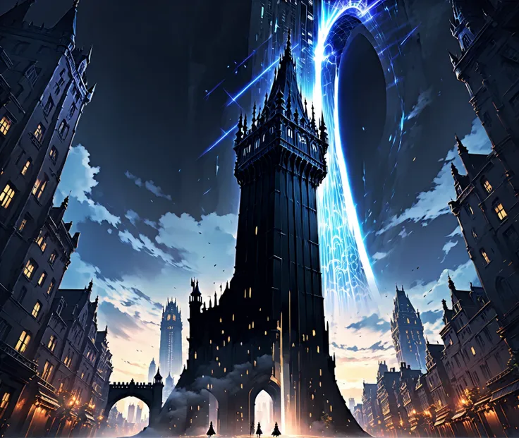 Black tower theme, a black tower passing through a portal and hovering over a city,, ((ultra quality)), anime enhancement, ((8k resolution, masterpiece, best quality)), ultra detailed, ultra sharp, perfect colors, perfectly shaded, perfect lighting