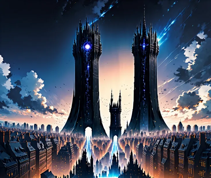 Black tower theme, a black tower passing through a portal and hovering over a city,, ((ultra quality)), anime enhancement, ((8k resolution, masterpiece, best quality)), ultra detailed, ultra sharp, perfect colors, perfectly shaded, perfect lighting