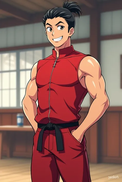 Male teacher with a small ponytail slightly flattened taekwondo wearing a sleeveless red combat suit with a smiley expression and friendly athletic physique from Fonfon a pre-martial gym.  anime style 