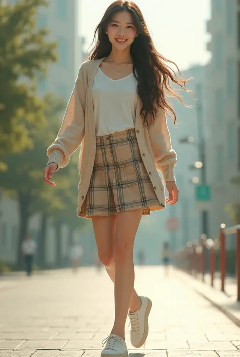 (( top quality)), ((masterpiece)), (  Details),  1 girl ,  sexy long haired girl 、 while walking along a lively patterned pavement in a modern city 、 playfully lifting one leg 。 She wears a light beige cardigan over a crisp white shirt 、 complements her pl...