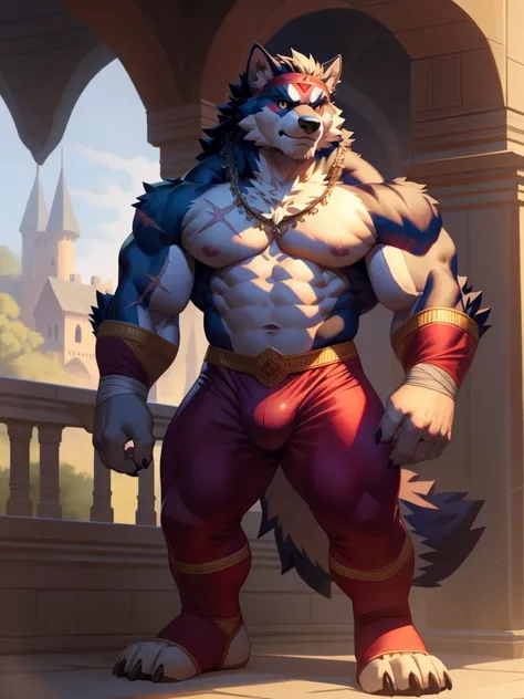 Alone, anthropomorphic,furry,furry male, Lobo,((cute fur,cute,furry body)), (scars, Lobo print), black body,  yellow-eyed, headband, tail, detailed cute fur, detailed face, detailed eyes, white chest,( huge pectorals :1.1), wrestler costume, pants pants , ...