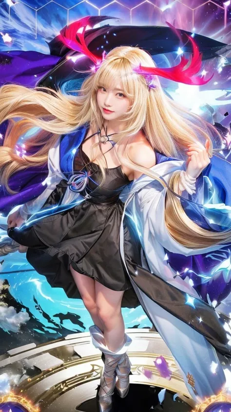 Close up of a cartoon character wearing a hat and cloak, Goddess of Thunder,  blonde long-haired anime girl with her hair pulled back, Anime Goddess, The black magician girl ,  Magician in the Beautiful Sky, Marisa Kirisame, Japanese god of thunder ,  Ayak...