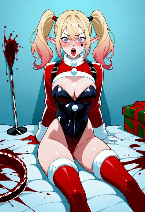 Margot Robbie as Harley Quinn (pig tails, crazy make up, sexy Christmas elf outfit (lots of skin), blood spatter on her, sexy straight jacket) crazy sexy, sitting bound by straight jacket singing a song, insane asylum padded room heavily damaged, insane ch...