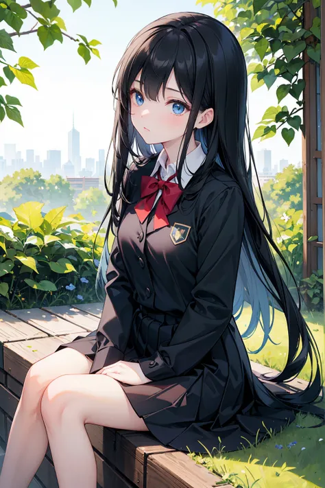     long black straight hair   , School Uniform，   blue eyes  ，  Hold your smartphone   , Relaxation posture, sit, Review, HEALTHY SKIN  , Outdoor scenery, Green leaves and blue sky, Bright natural light      ,      The sun shines in from the top left,    ...