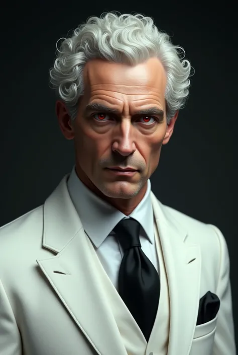  adult man , curly white hair ,  Red Eyes, wearing a white suit with realistic black tie 