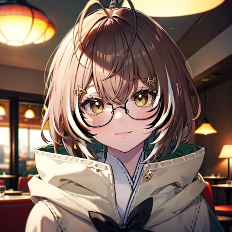 Nanashi Mumei in an elegant restaurant, large coat, wide smile, fearhers on head, glasses, short hair