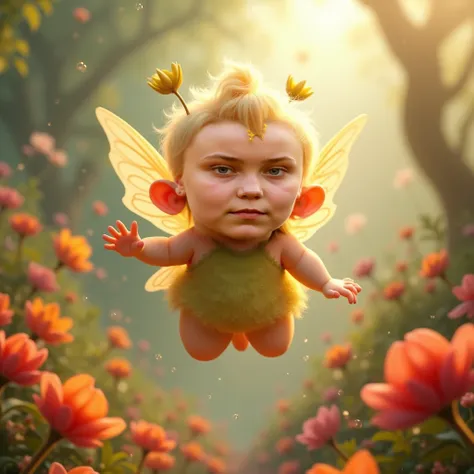 a chubby fairy, flying from flower to flower, beautiful detailed eyes, beautiful detailed lips, extremely detailed eyes and face, long eyelashes, whimsical, fantasy, vibrant colors, soft lighting, cinematic, 8k, best quality, masterpiece, ultra-detailed, p...