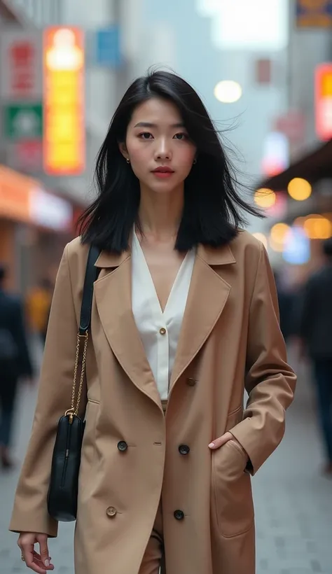 South Korea:
"A South Korean woman in her late 20s, dressed in a trendy, minimalist outfit, walking through the busy streets of Seoul. She has shoulder-length, straight black hair, and her makeup is subtle yet polished, with a focus on natural beauty. Her ...