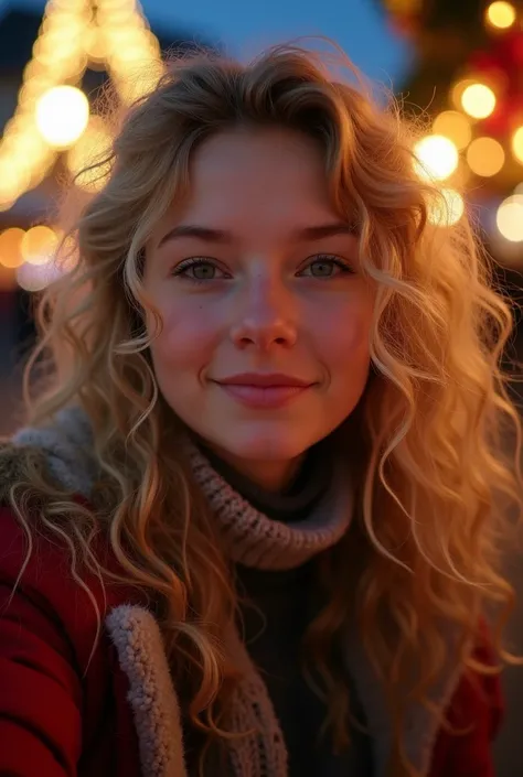 Pretty teen,28 years old,  best quality ,  blond curly hair, nice curves  , wide hips, etwas chubby, amateur, young natural face, Selfie, unfreshened , Evening,  insulated light, natur , handySelfie ,  subdued light ,  Christmas market ,  Winter Clothing