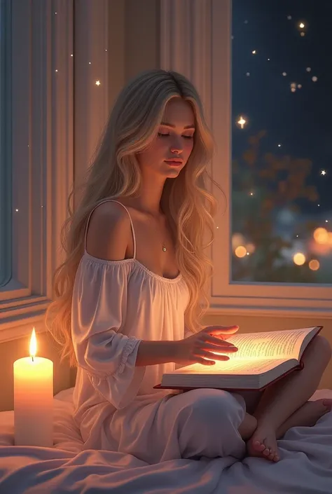 Night, flowy, long blonde hair, women, soft glow, book, candle light glow, delicate, stars through window, pastels, blush, prayer 