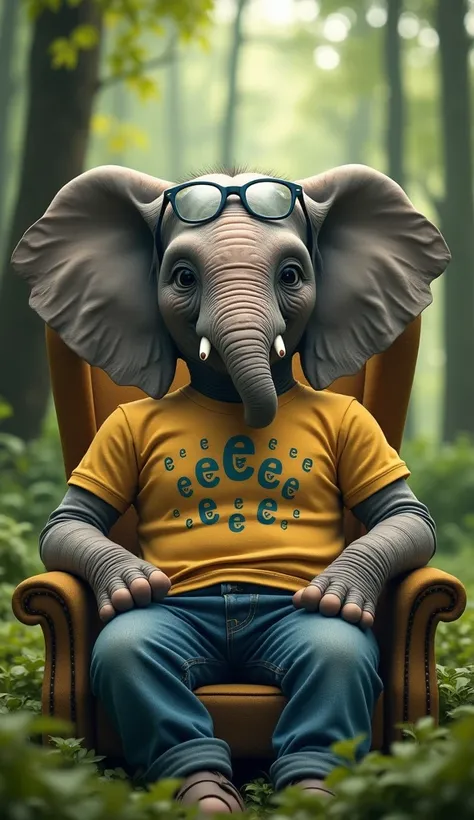 create a Elephant sitting in the chair in the forest, with casual clothes and full of letter E in the t-shirt , and eye glasses, looking the camera
