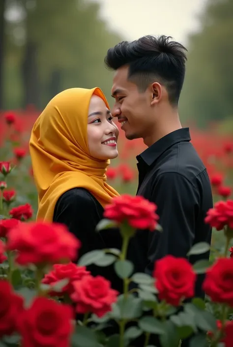 couple of lovers lying there are red roses in front of the screen real indonesian camera a beautiful girl wearing a black dress wearing a hijab phasmina color yellow face facing the front of the screen and a young handsome man aged 20 years wearing a black...