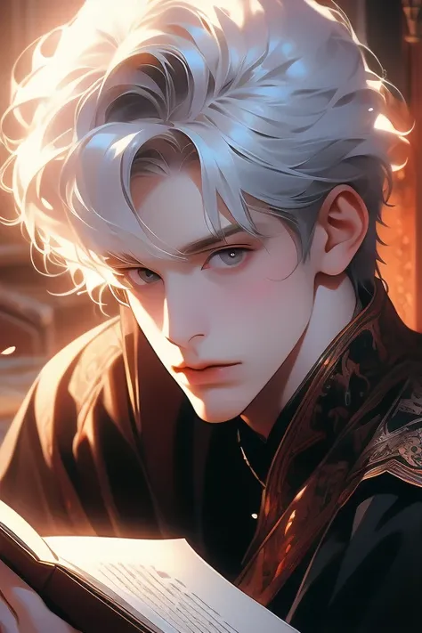 1male, calm, adult, age 35 face, short messy hair with bangs, white hair, royalty, prince, wears black clothing, in a castle, adult face, two hands, sitting at a table with a book, adult face, medieval times, close up,  calm